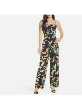 Chelsea28 Tropical Print Wide Leg Sleeveless Tie Waist Jumpsuit Sz 14 Black NWT